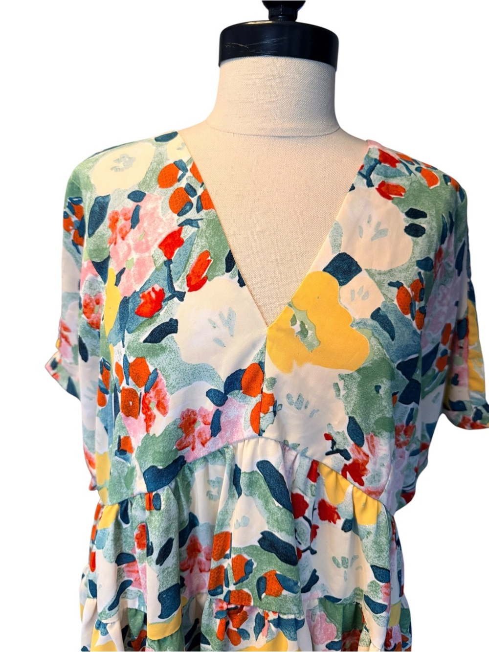 Entro Floral Tiered Babydoll Dress SZ L Watercolor Print V Neck Boho Cottagecore - Picture 3 of 10